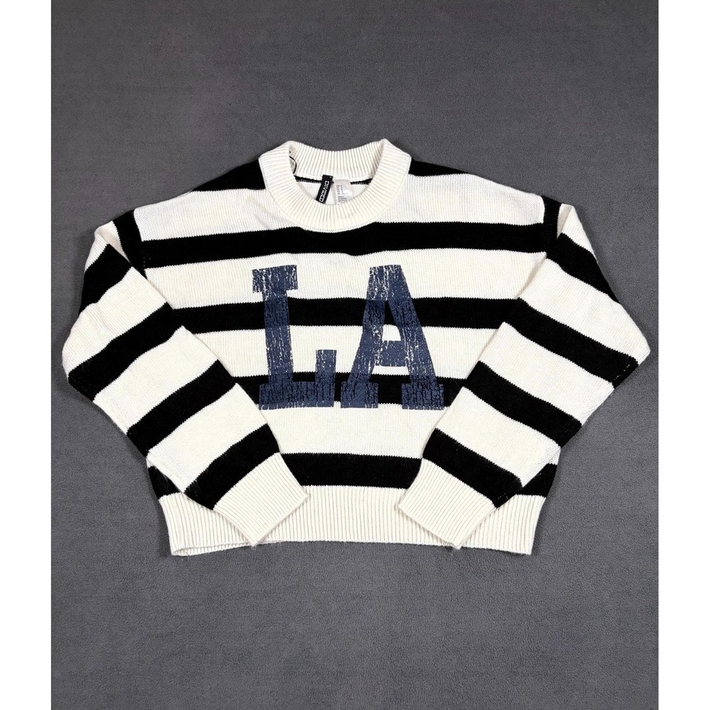 Divided by H&M Sweater Womens M White Black Striped LA Tight Knit Drop Shoulder